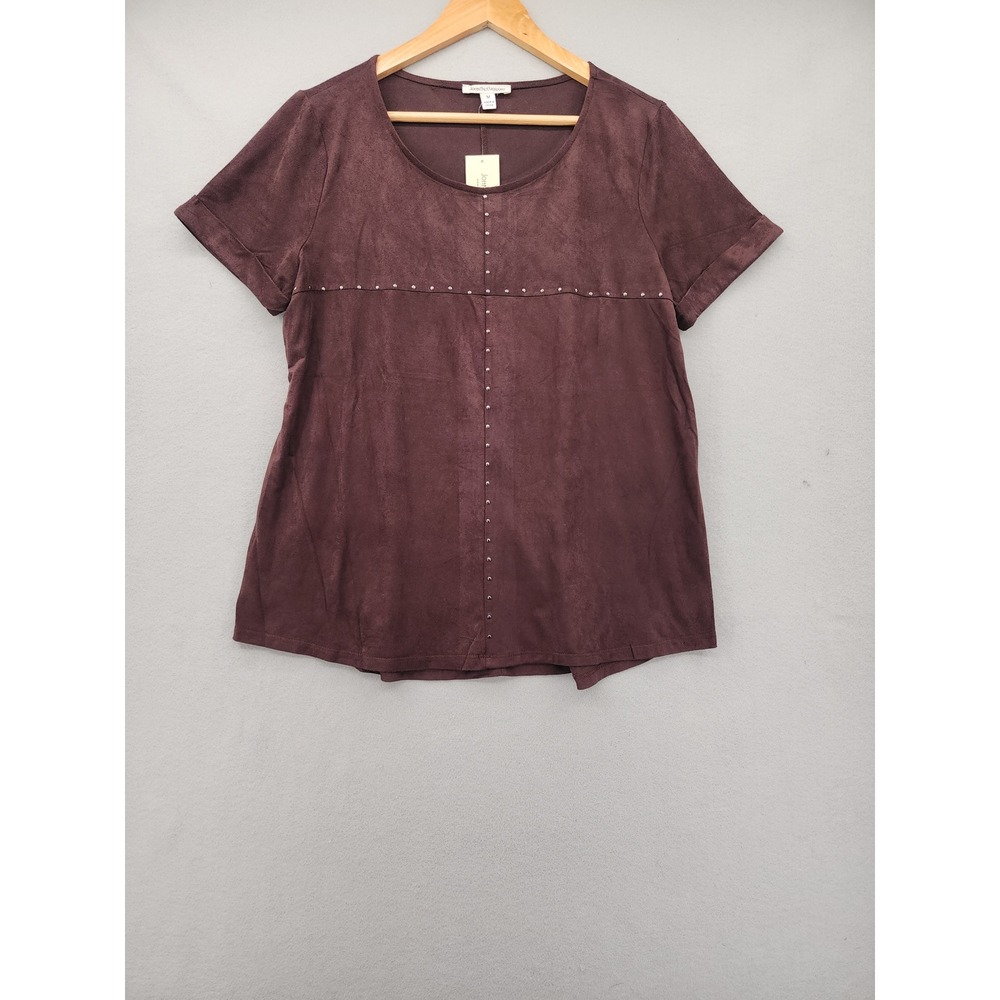 John Paul Richard Faux Suede Studded Top Burgundy Plum Short Sleeve Blouse M NEW